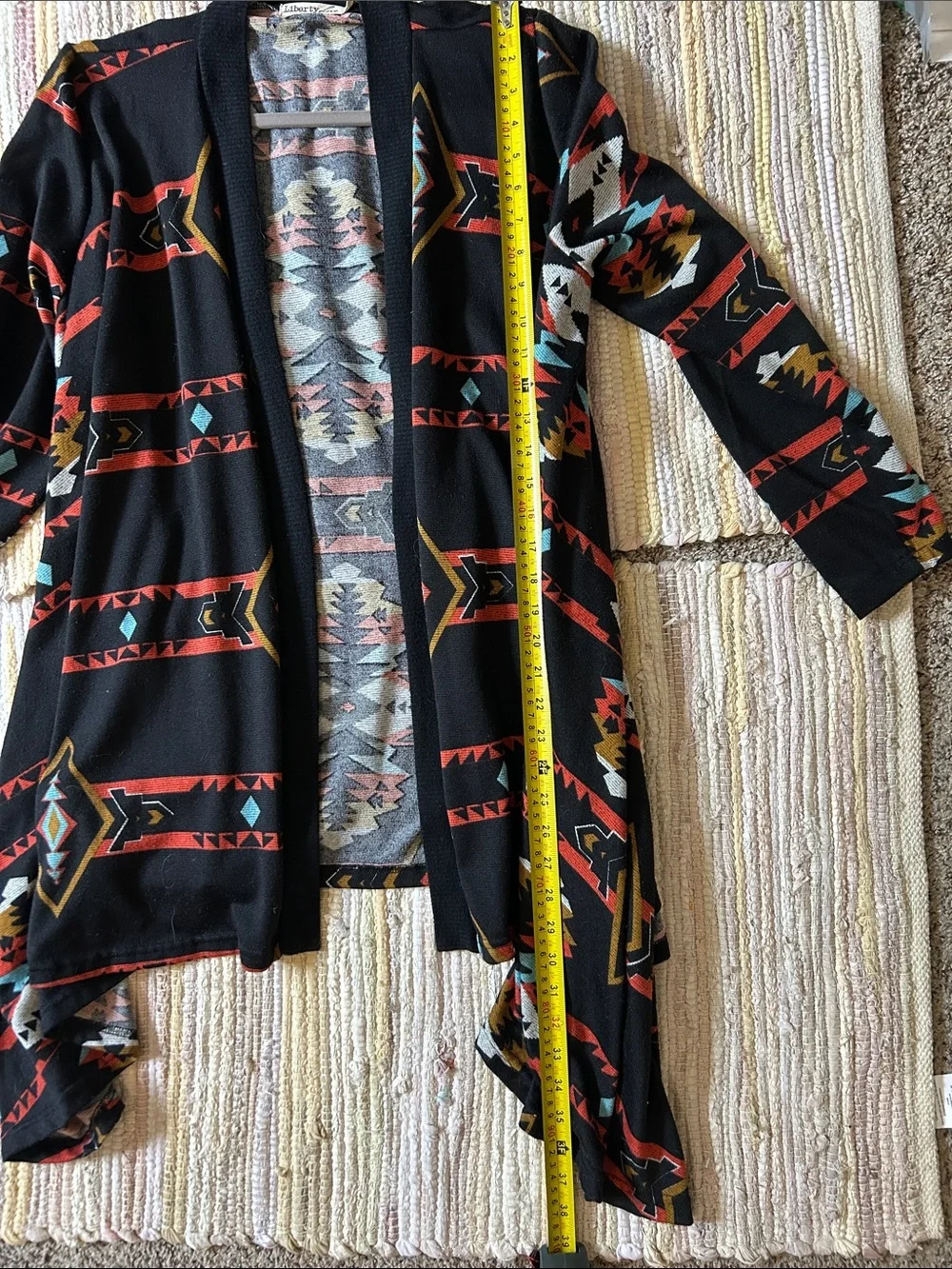 Liberty Love Southwestern Aztec Print Waterfall Cardigan Black Large